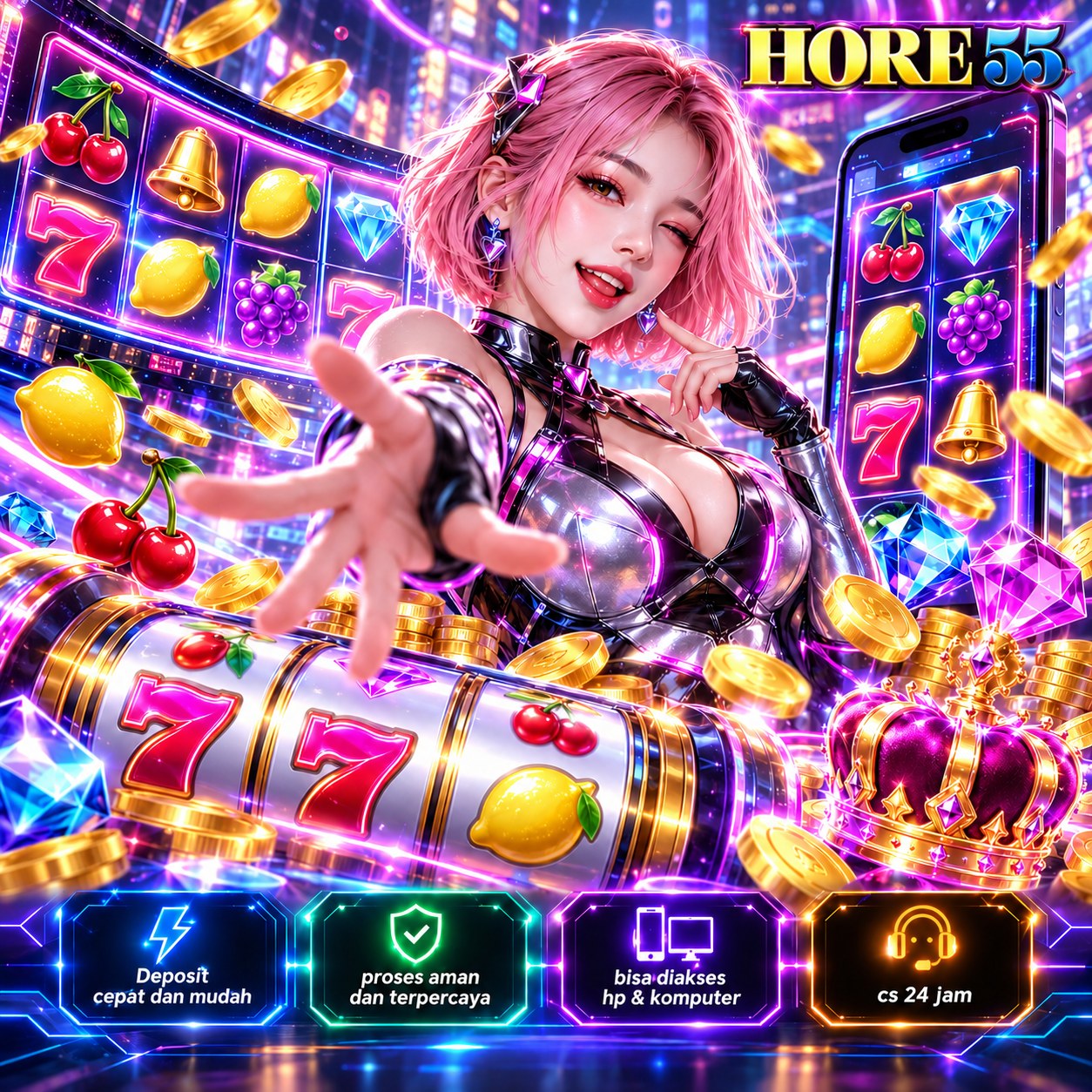 Banner HORE55: ilustrasi permainan digital bernuansa neon
